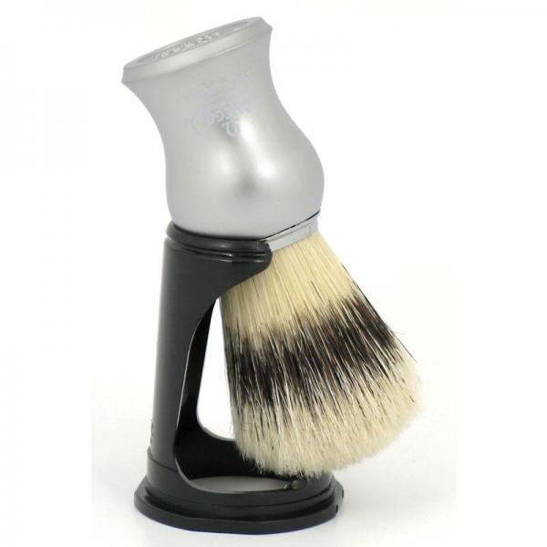 Omega Matte Silver Handle Shaving Brush On Black Stand 100 Percent Pure Bristle. Omega