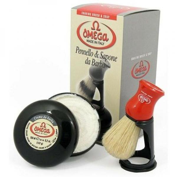 Omega Red Shaving Brush On Black Stand With Soap Tub Omega