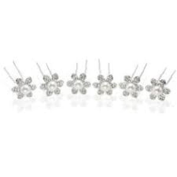XLarge Flower Pearl Crystal Hair Pin Silver Six Pack UE2058F Symoon