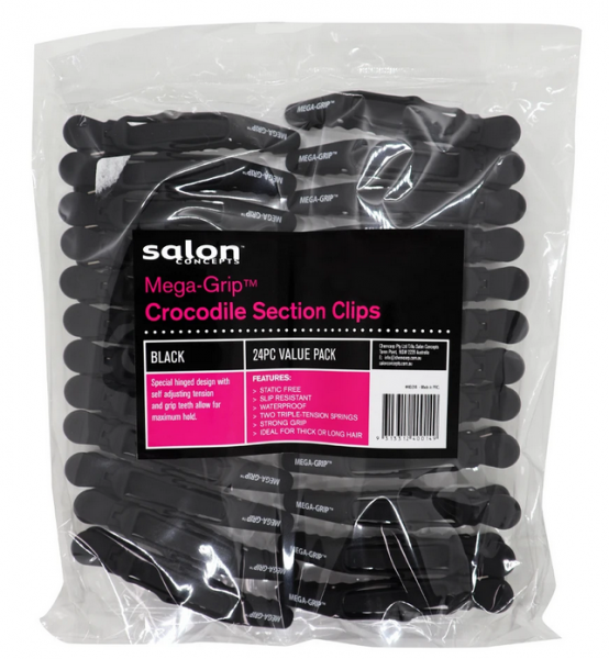 Salon Concepts Mega Grip 24 Pack Crocodile Sectioning Clips Black Only Slip Resistant Cricket
