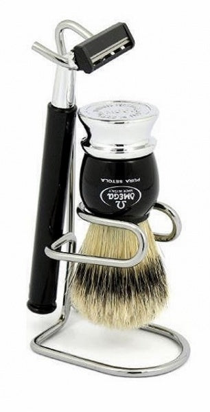 Omega Black Chrome Shaving Brush On Stand With Razor Includes Blade Omega