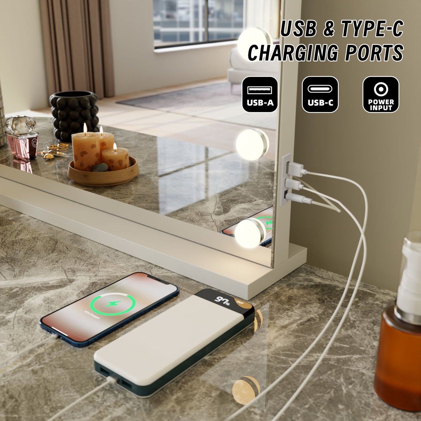 Beauty Mirror with 18 LED Bulbs, Colour Settings, White Frame, and USB A and C Ports Finishing Touch Body Hair And Beauty Supplies