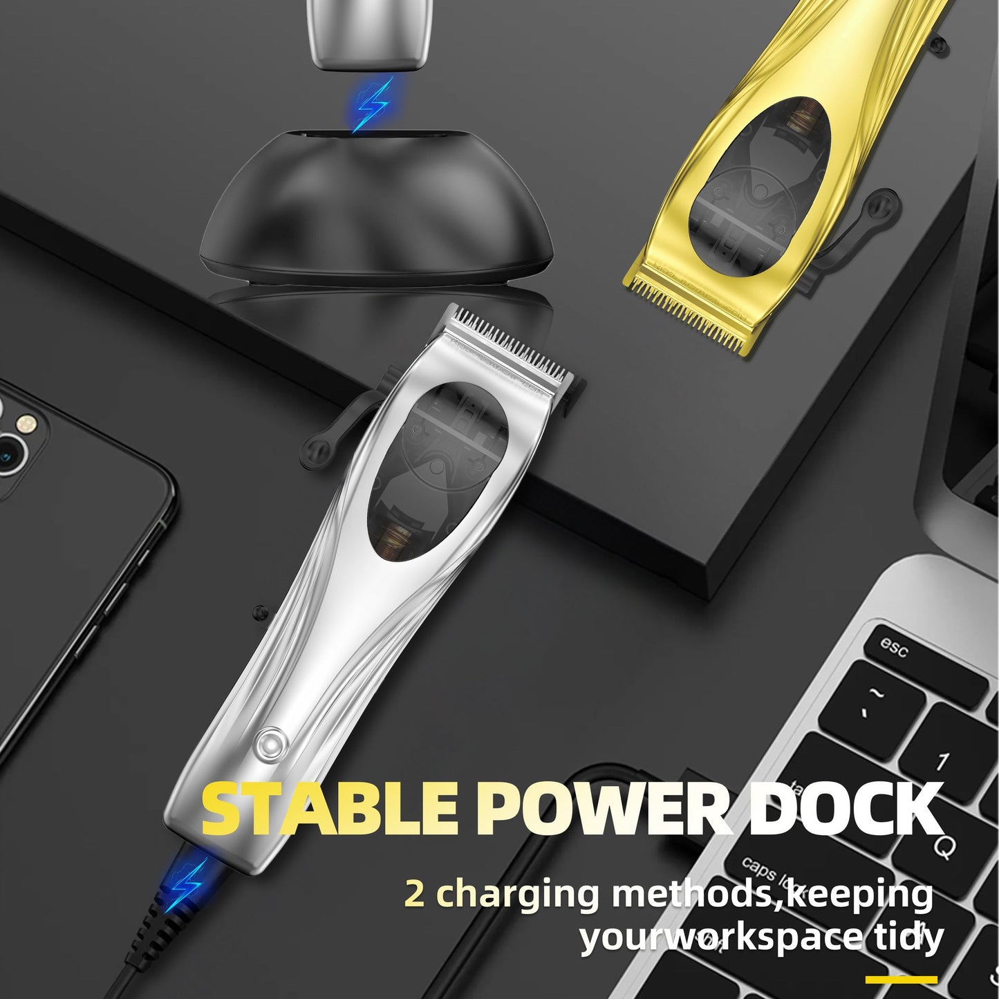 WL-1670 Black Professional Hair Clipper Set with Adjustable Guards - USB Rechargeable Trimmer with Charging Dock Finishing Touch Body Hair And Beauty Supplies
