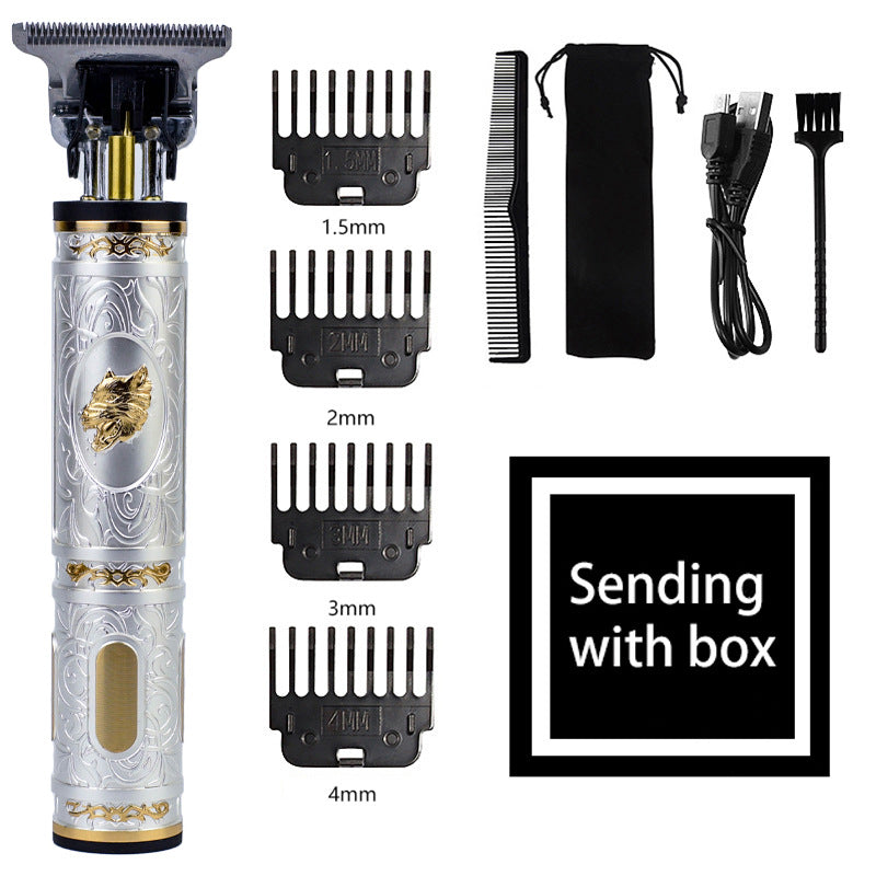 Wolf Emblem Vintage Cordless Hair Trimmer - Professional Grooming Kit with Adjustable Guards, USB Charging, and Accessories Finishing Touch Body Hair And Beauty Supplies