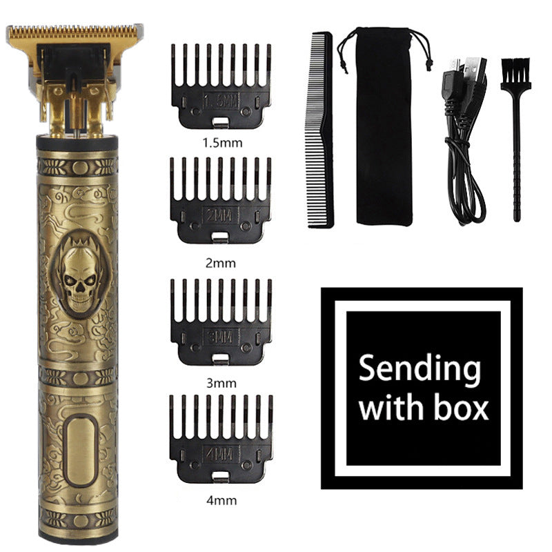 Vintage Skull Design Cordless Hair Trimmer (Gold)- Professional Grooming Kit with Adjustable Guards, USB Charging, and Accessories Finishing Touch Body Hair And Beauty Supplies