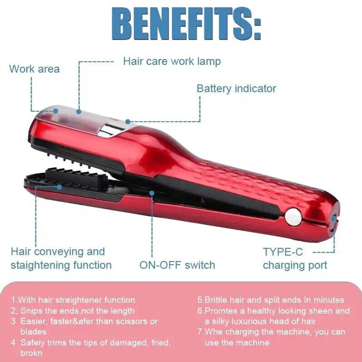 Red Mini - Automatic, Hair Repair Split End Remover Trimmer For Dry, Splitting, Damaged And Brittle Split Ends, Men And Women Hair Styling Beauty Tool Finishing Touch Body Hair And Beauty Supplies