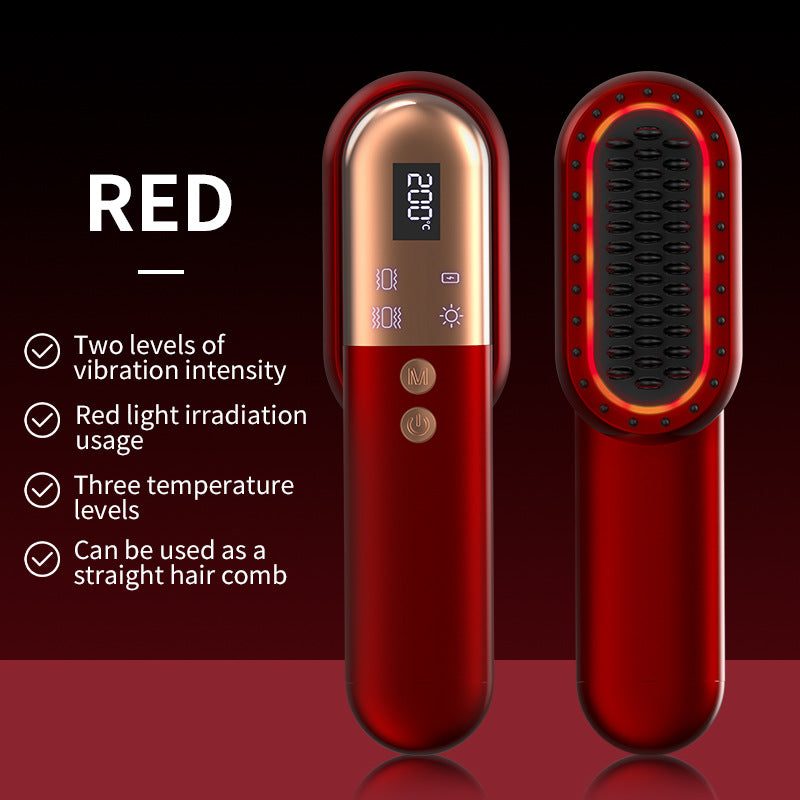 Red Mini Rechargeable Ionic Hair Straightening Comb | Portable Wireless Vibration Massage Brush for Frizz-Free, Smooth Hair Finishing Touch Body Hair And Beauty Supplies