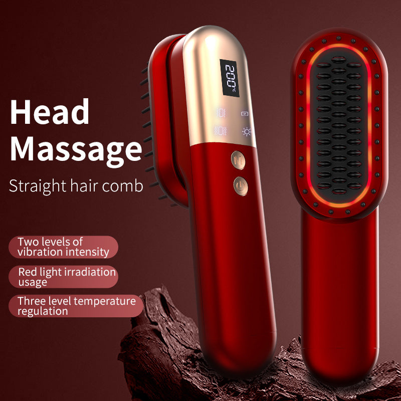 Red Mini Rechargeable Ionic Hair Straightening Comb | Portable Wireless Vibration Massage Brush for Frizz-Free, Smooth Hair Finishing Touch Body Hair And Beauty Supplies