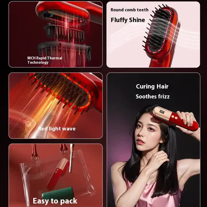 Red Mini Rechargeable Ionic Hair Straightening Comb | Portable Wireless Vibration Massage Brush for Frizz-Free, Smooth Hair Finishing Touch Body Hair And Beauty Supplies