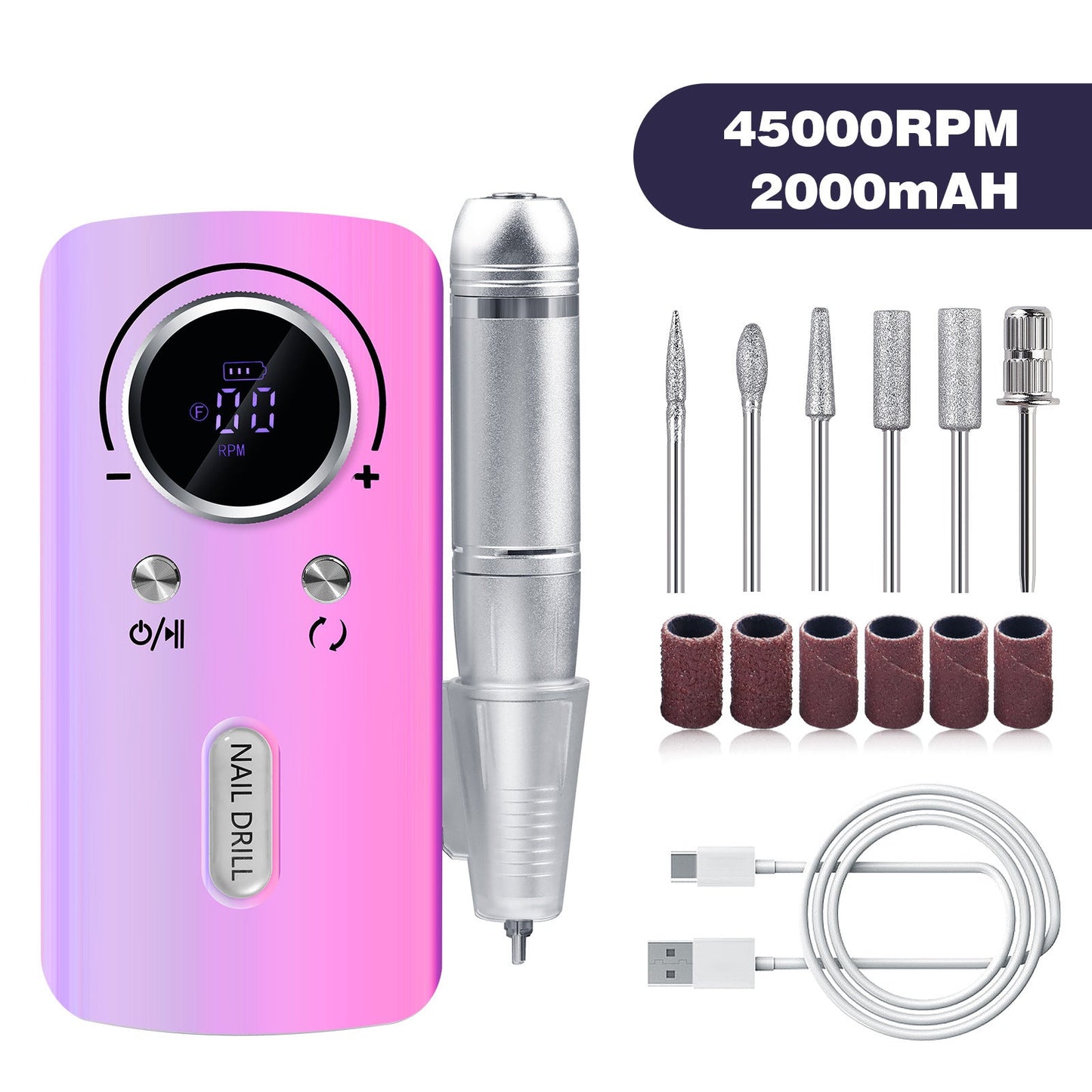Purple Professional Electric Nail Drill, 45000RPM Rechargeable Nail Grinder Polisher for Salon & Home Use Finishing Touch Body Hair And Beauty Supplies