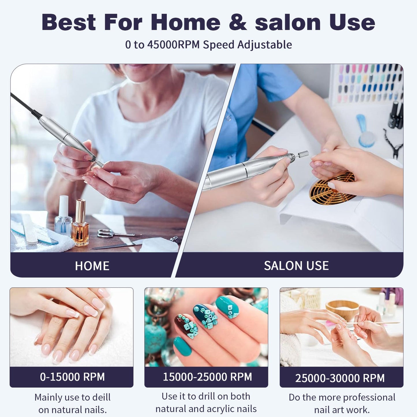 Purple Professional Electric Nail Drill, 45000RPM Rechargeable Nail Grinder Polisher for Salon & Home Use Finishing Touch Body Hair And Beauty Supplies