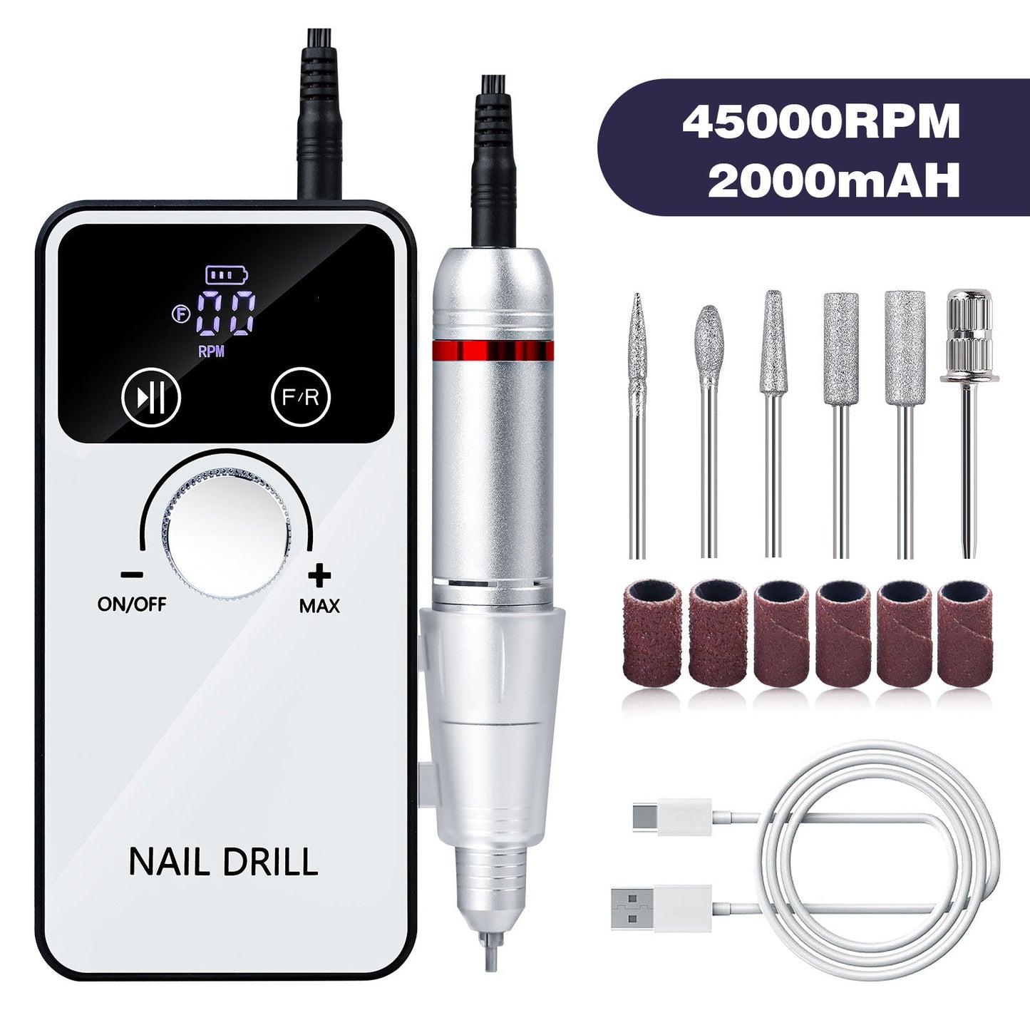 White Portable Electric Nail Drill - Rechargeable, Adjustable Speed, Low Vibration Finishing Touch Body Hair And Beauty Supplies
