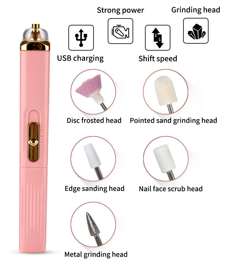 White Mini Electric Nail Polisher with USB Charging and 5 Grinding Heads Finishing Touch Body Hair And Beauty Supplies