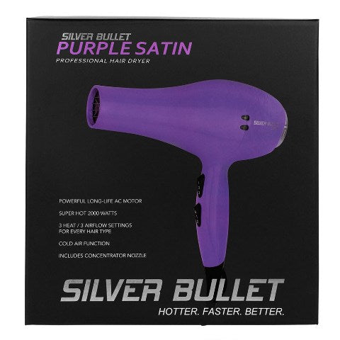 Silver Bullet Satin Hair Dryer Purple 2000 Watts 3 Heat 2 Speed 2 Nozzles