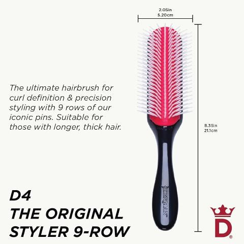 Denman D4 Original 9 Row Classic Black Gloss Handle With Red Cushion Styling Brush