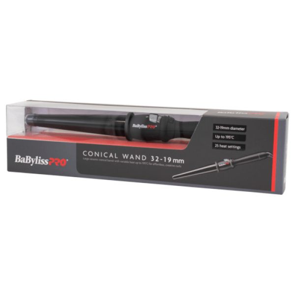 Babyliss Pro Conical Tong 32MM - 19MM Ceramic Black Up To 195 Degrees. Babyliss