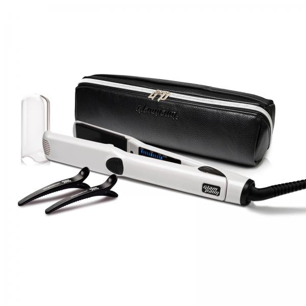 Glam Palm Straightener White Medium 32MM Pro Vibrating Iron With Healing Stone Technology Glamplam