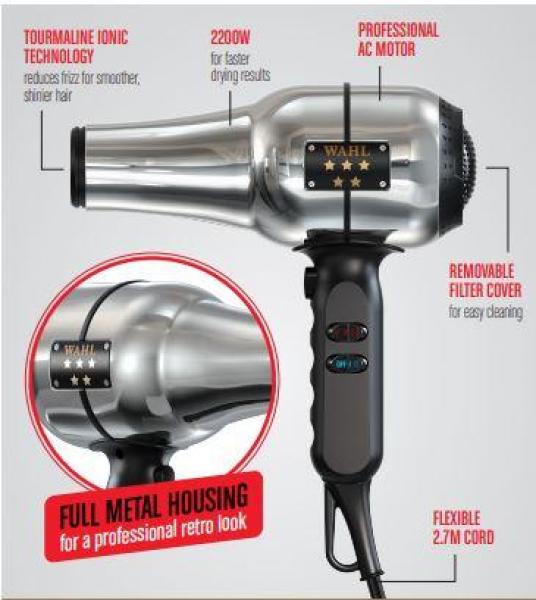 Wahl Dryer Barber Dry Retro Chrome Design Ionic With Cold Shot