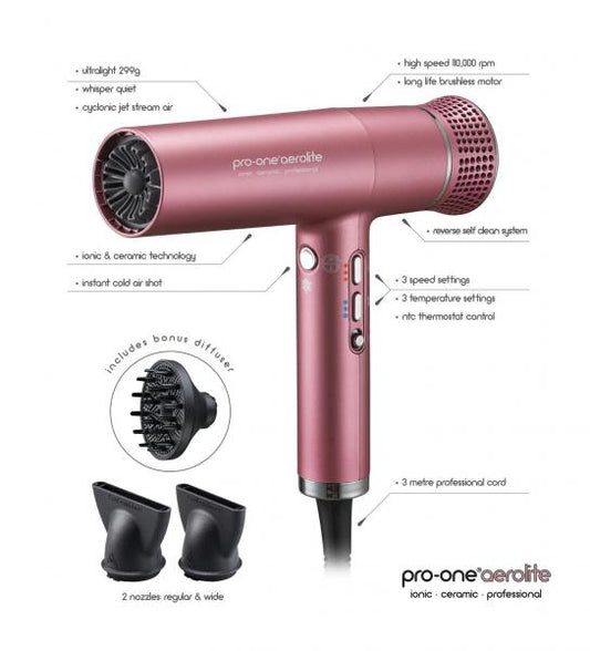 Pro-One Blush Aerolite Ionic Ceramic Professional Limited Edition Hair Dryer Pro-One