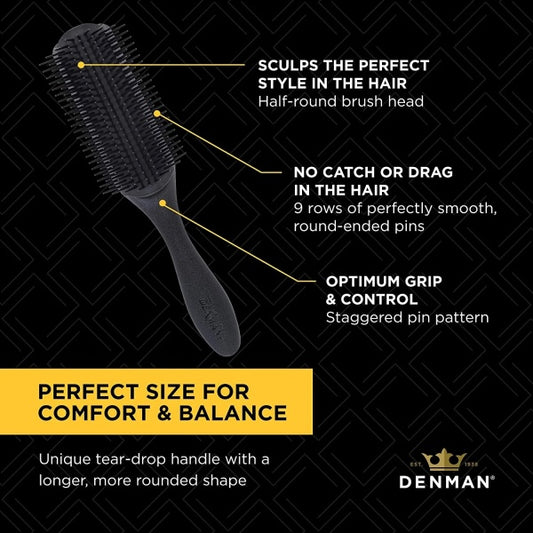 Denman D4P Large Classic Black Matte Handle With Black Cushion And Black Bristles Styling Brush 9 Row Denman