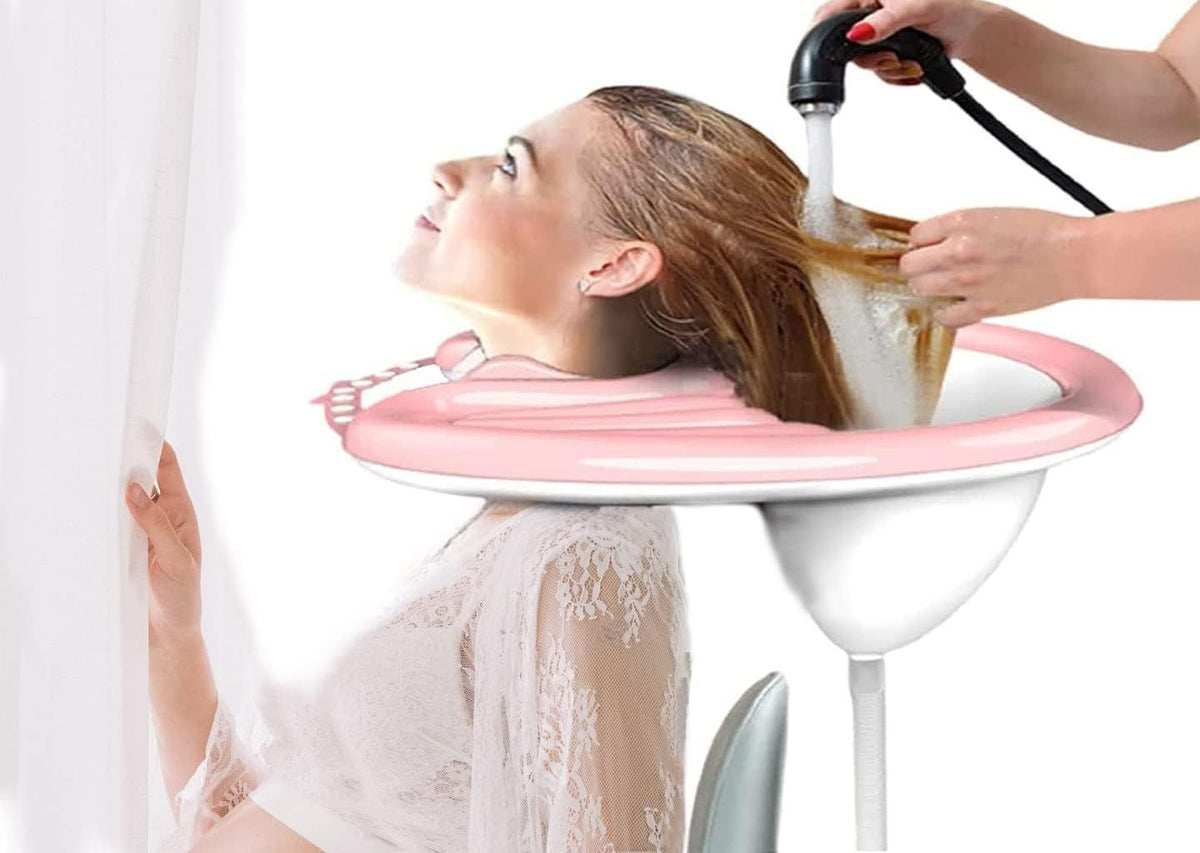 Inflatable Shampoo Basin with Drain Hose, Foldable
Reclining Design, 230g Lightweight, Adjustable Neck Opening, Complete Accessories Set, Elderly & Pregnant Use(Pink)