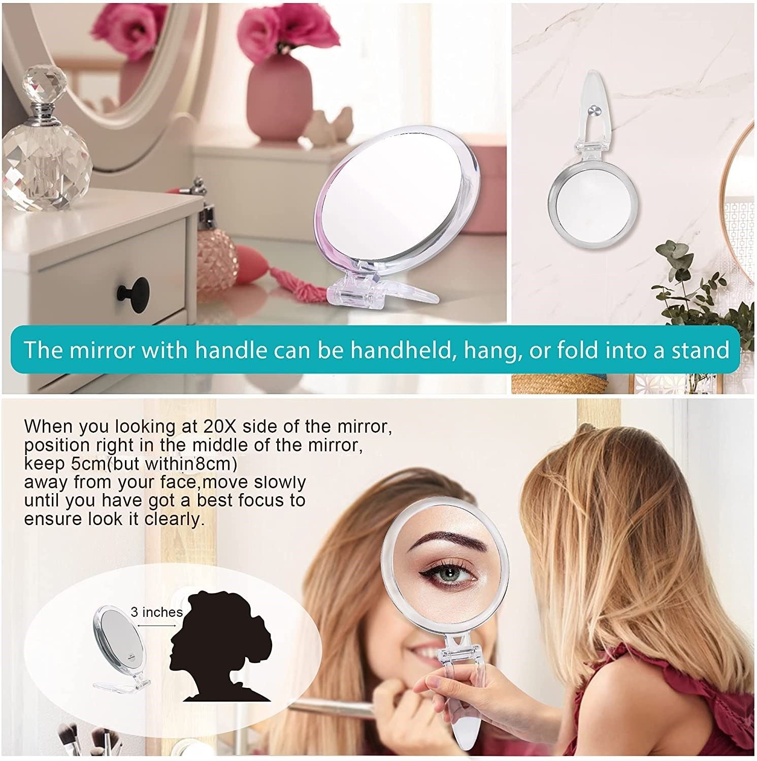 20X Magnifying Hand Mirror Two Sided Use for Makeup Application, Tweezing, and Blackhead/Blemish Removal (15 cm) Finishing Touch Body Hair And Beauty Supplies