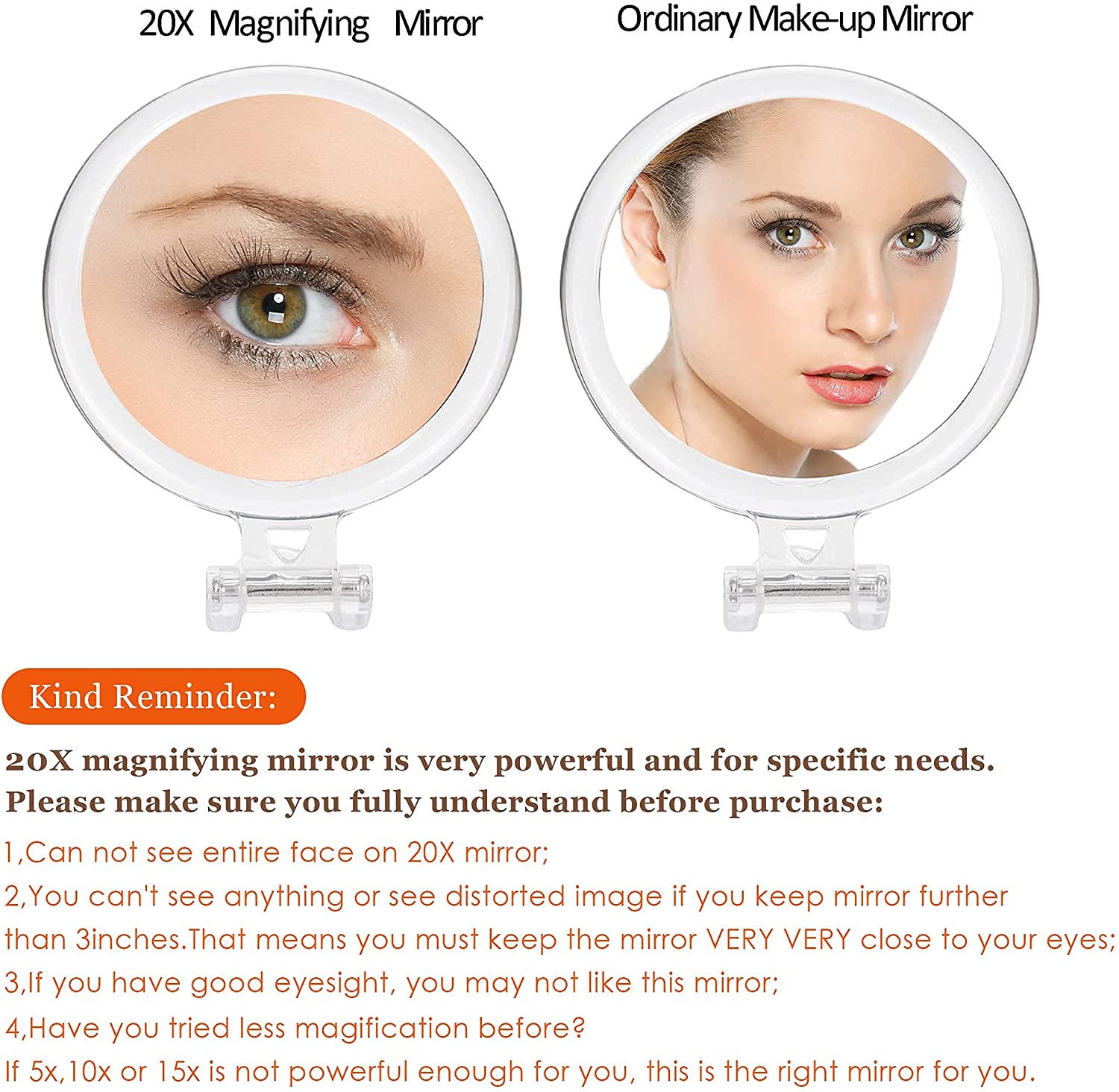 20X Magnifying Hand Mirror Two Sided Use for Makeup Application, Tweezing, and Blackhead/Blemish Removal (15 cm) Finishing Touch Body Hair And Beauty Supplies