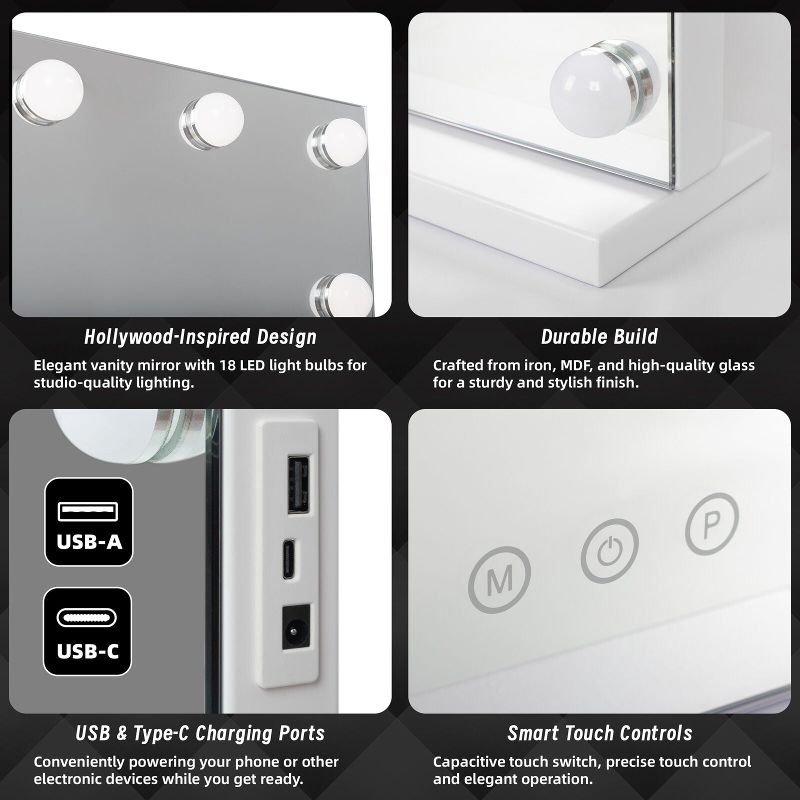 Beauty Mirror with 18 LED Bulbs, Colour Settings, White Frame,  and USB A and C Ports Finishing Touch Body Hair And Beauty Supplies