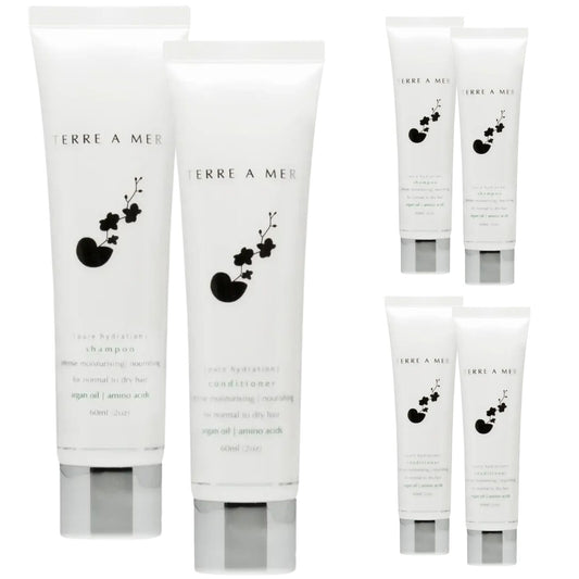 6pc Set Terre A Mer Pure Hydration Amino Acid/Argan Oil Shampoo & Conditioner  - 60ml Travel Size Finishing Touch Body Hair And Beauty Supplies