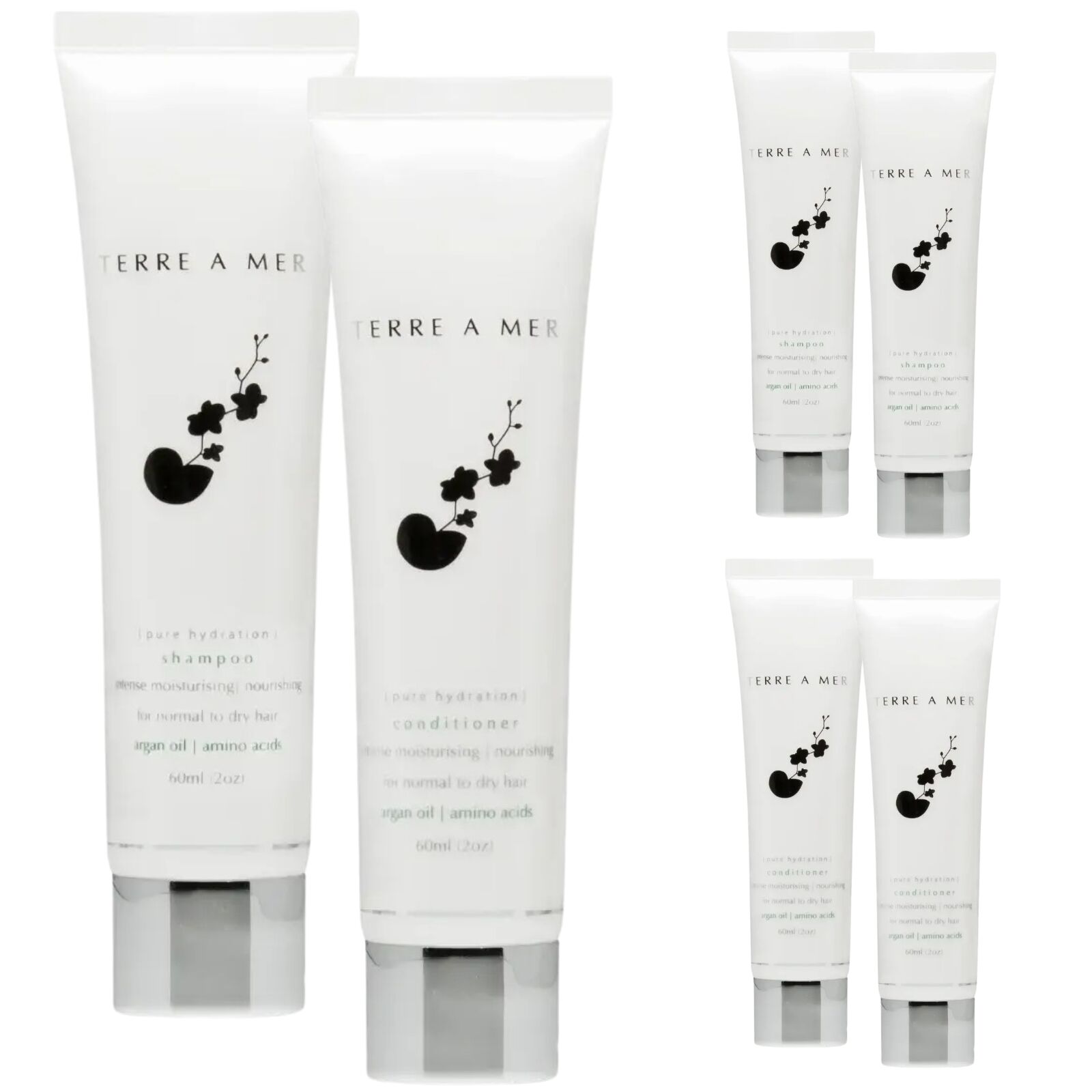 6pc Set Terre A Mer Pure Hydration Amino Acid/Argan Oil Shampoo & Conditioner  - 60ml Travel Size Finishing Touch Body Hair And Beauty Supplies