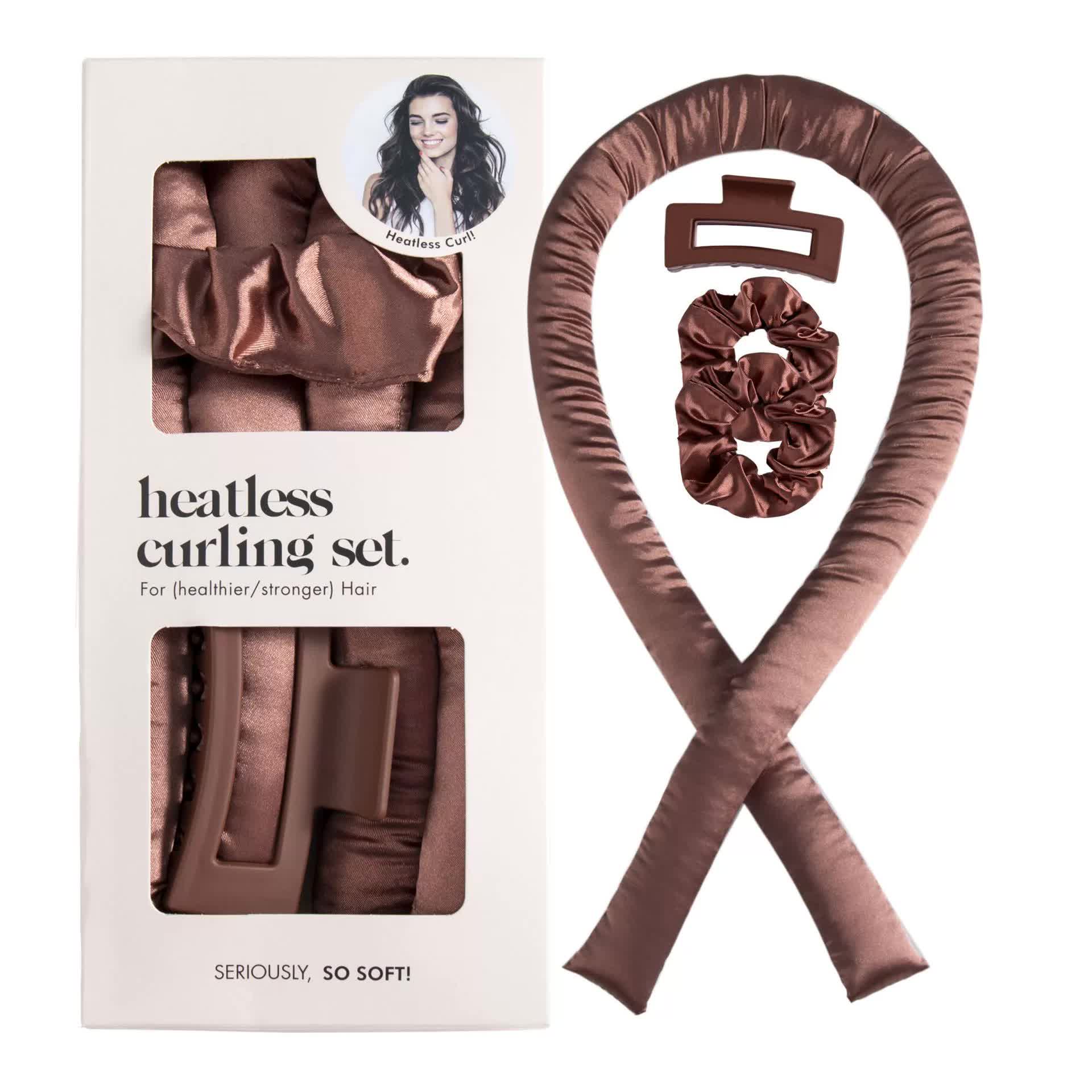 5PCS Brown Heatless Hair Curling Set with Scrunchie and Hair Clip - Silk Curling Ribbon Finishing Touch Body Hair And Beauty Supplies