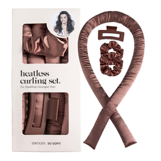 5PCS Brown Heatless Hair Curling Set with Scrunchie and Hair Clip - Silk Curling Ribbon Finishing Touch Body Hair And Beauty Supplies