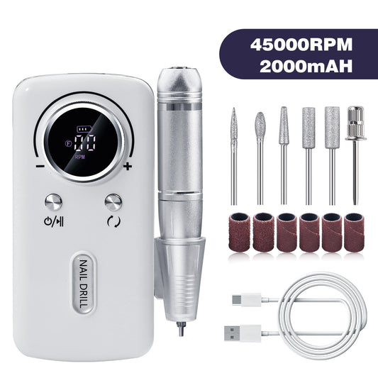 White Professional Electric Nail Drill, 45000RPM Rechargeable Nail Grinder Polisher for Salon & Home Use Finishing Touch Body Hair And Beauty Supplies