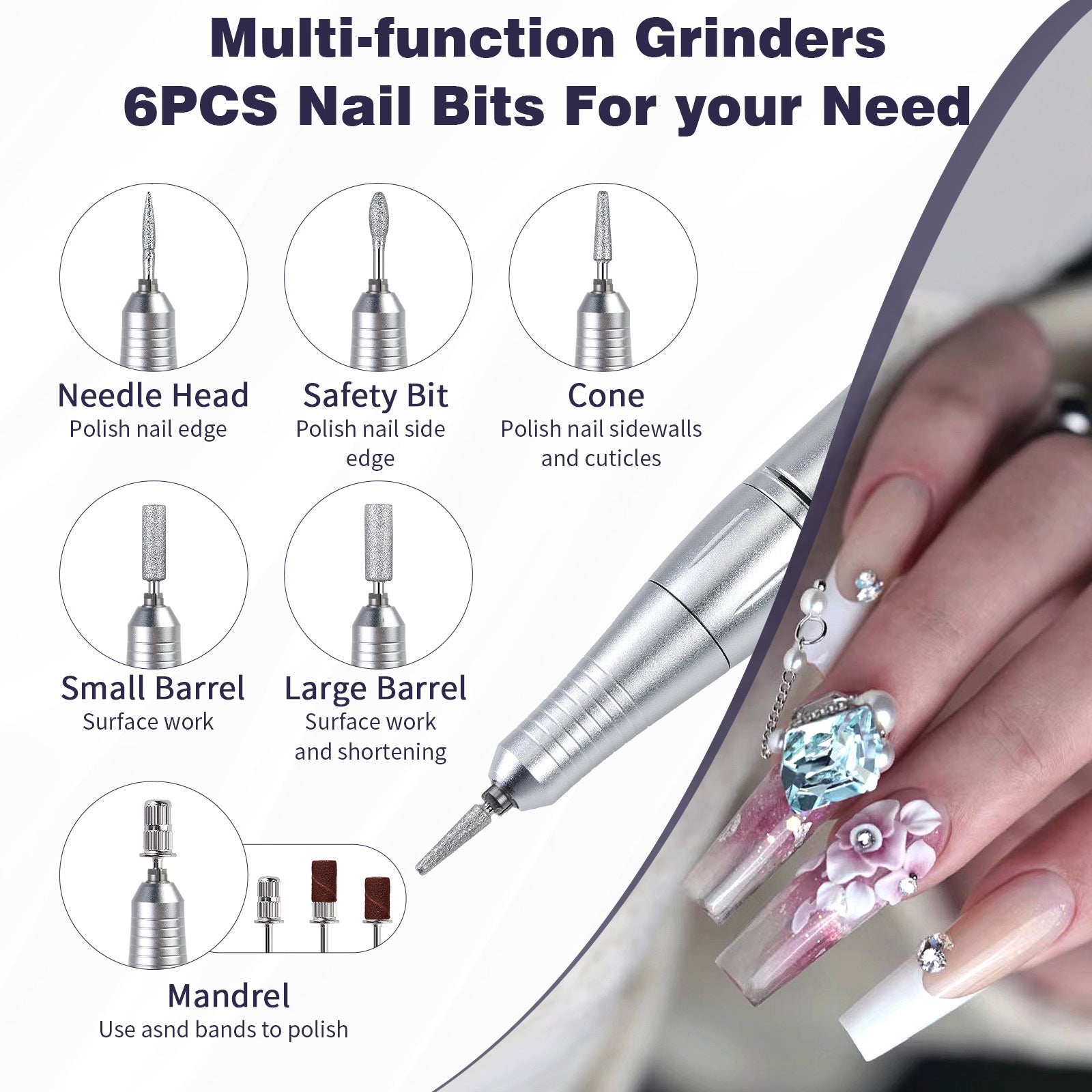 White Portable Electric Nail Drill - Rechargeable, Adjustable Speed, Low Vibration Finishing Touch Body Hair And Beauty Supplies
