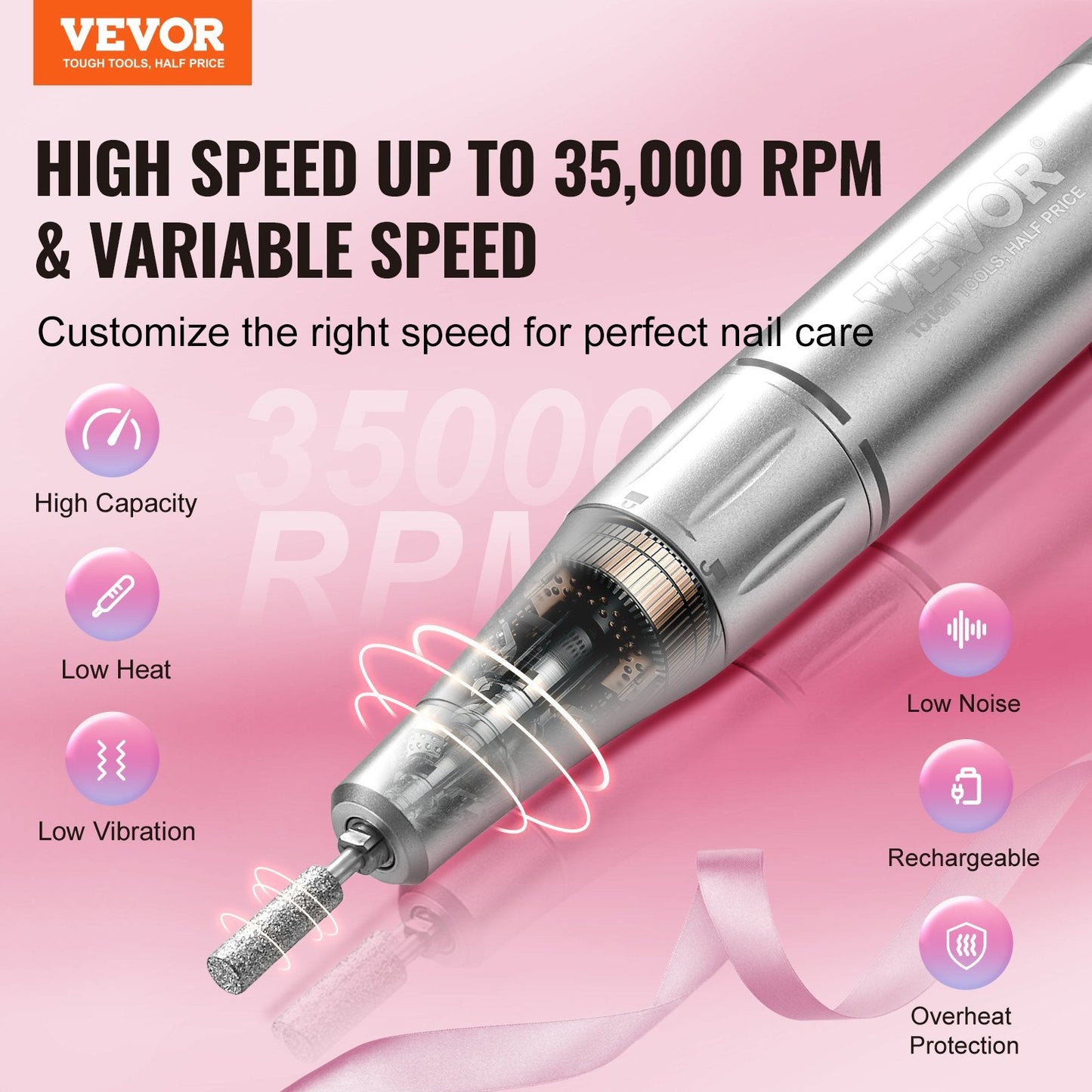 VEVOR Electric Rechargeable Nail Drill, 35,000RPM Portable Cordless Nail E File Machine, LCD-Display Acrylic Gel Grinder Tool with 6 Bits and 50PCS Sanding Bands for Manicure Pedicure Carve Polish Finishing Touch Body Hair And Beauty Supplies