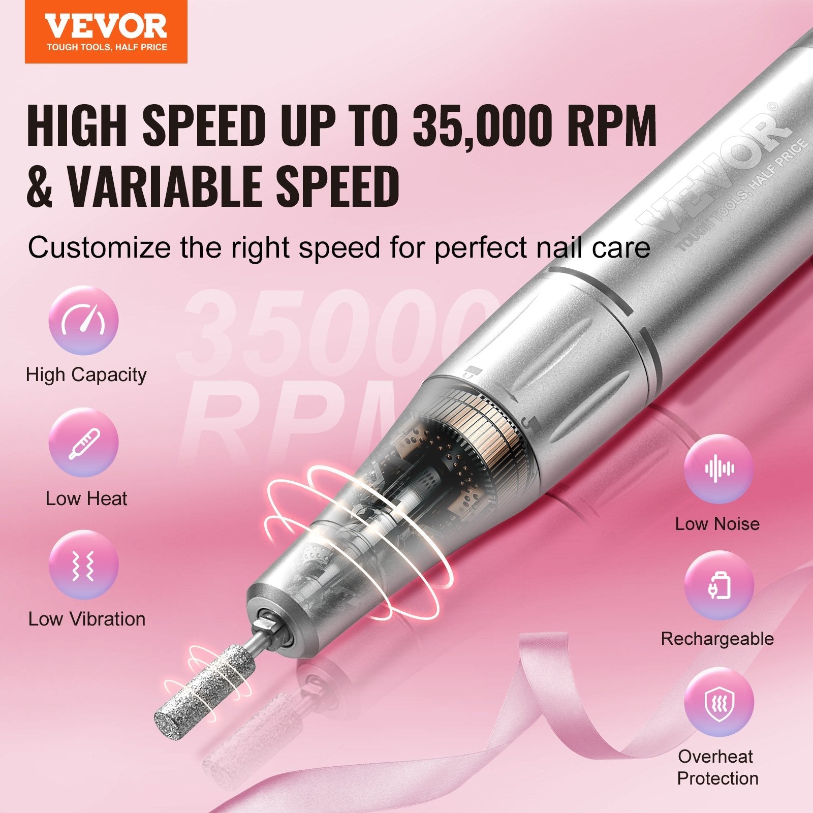 VEVOR Electric Rechargeable Nail Drill, 35,000RPM Portable Cordless Nail E File Machine, LCD-Display Acrylic Gel Grinder Tool with 6 Bits and 50PCS Sanding Bands for Manicure Pedicure Carve Polish Finishing Touch Body Hair And Beauty Supplies