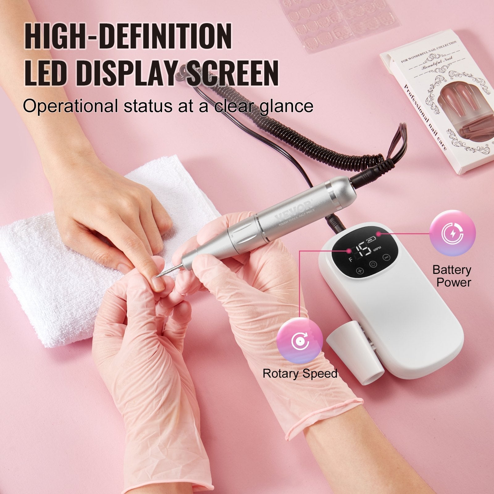 VEVOR Electric Rechargeable Nail Drill, 35,000RPM Portable Cordless Nail E File Machine, LCD-Display Acrylic Gel Grinder Tool with 6 Bits and 50PCS Sanding Bands for Manicure Pedicure Carve Polish Finishing Touch Body Hair And Beauty Supplies
