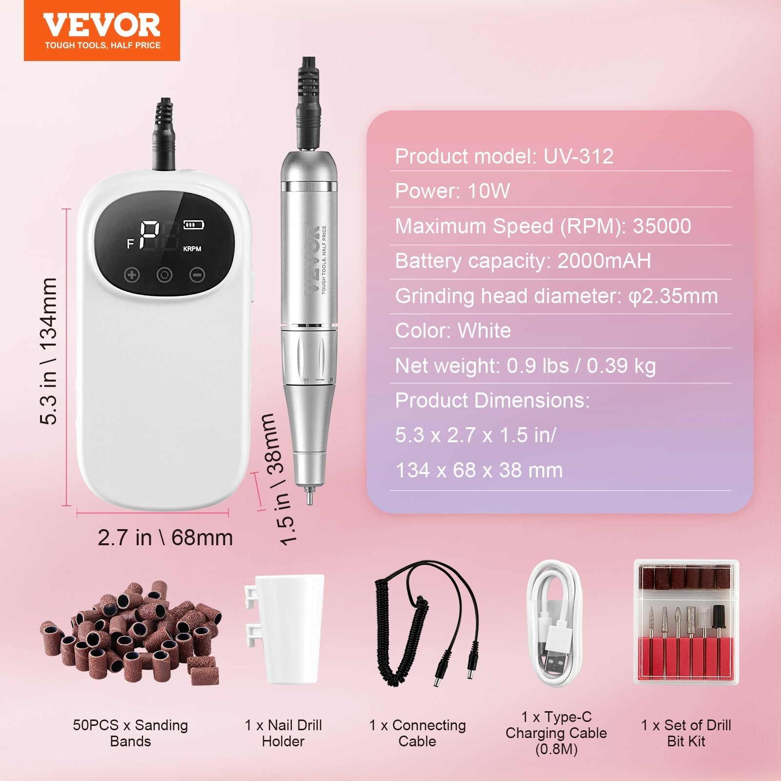 VEVOR Electric Rechargeable Nail Drill, 35,000RPM Portable Cordless Nail E File Machine, LCD-Display Acrylic Gel Grinder Tool with 6 Bits and 50PCS Sanding Bands for Manicure Pedicure Carve Polish Finishing Touch Body Hair And Beauty Supplies