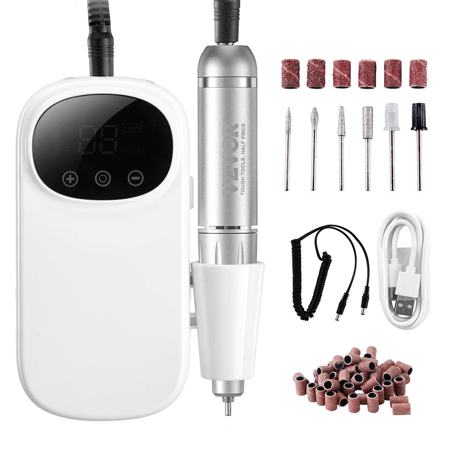 VEVOR Electric Rechargeable Nail Drill, 35,000RPM Portable Cordless Nail E File Machine, LCD-Display Acrylic Gel Grinder Tool with 6 Bits and 50PCS Sanding Bands for Manicure Pedicure Carve Polish Finishing Touch Body Hair And Beauty Supplies