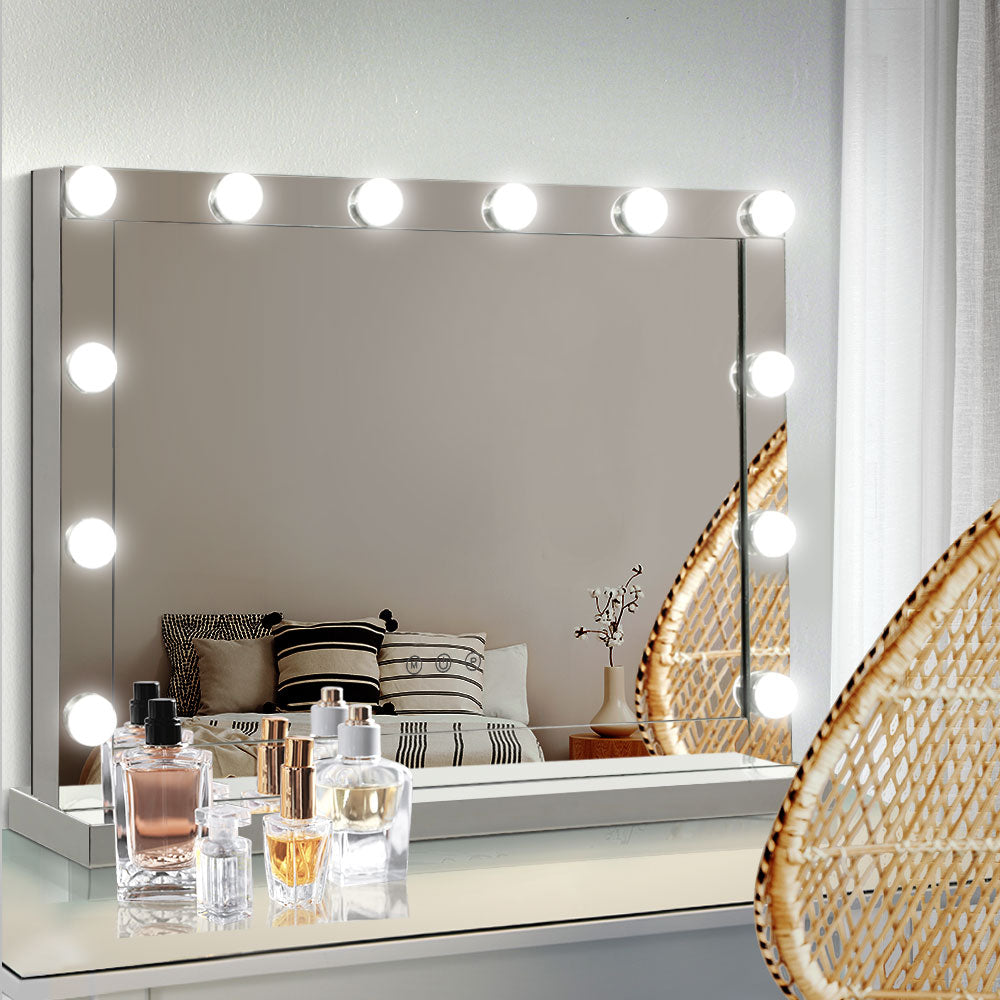 Embellir Hollywood Makeup Mirror With Light 12 LED Bulbs Vanity Lighted Silver 58cm x 46cm Finishing Touch Body Hair And Beauty Supplies