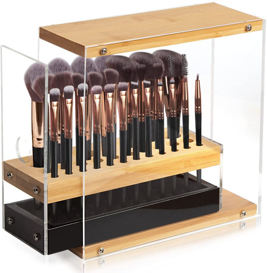 31 Holes Acrylic Bamboo Brush Holder Organiser Beauty Cosmetic Display Stand with Leather Drawer Black (22.3 x 8.6 x 21.5 cm) Finishing Touch Body Hair And Beauty Supplies