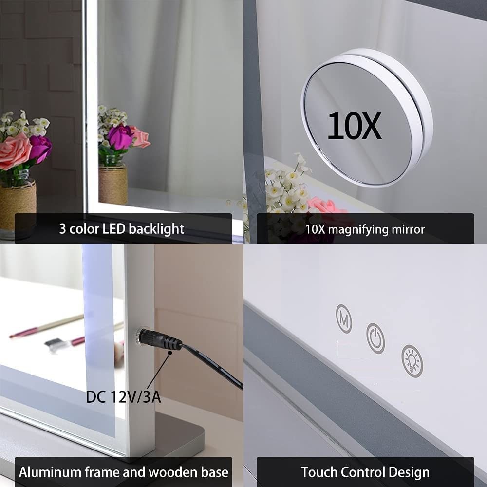 10x Magnification Mirror with Smart Touch Control and 3 Colors Dimmable Light for Bathroom and Bedroom  (71 x 57 cm) Finishing Touch Body Hair And Beauty Supplies